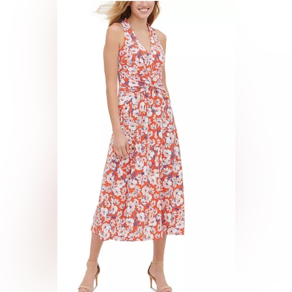 Tommy Hilfiger Floral-Print Twist-Detail Midi Dress. Size 6.